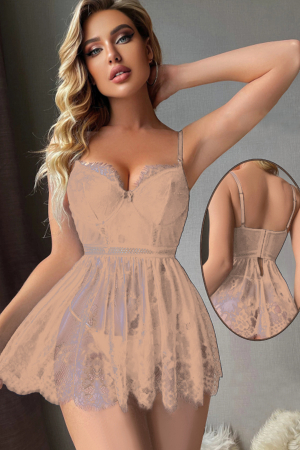 Lenjerie erotică - Set lenjerie sexy cu dantela, rochita si chiloti tanga TY-S725roz deschis