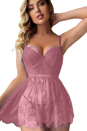 Lenjerie erotică - Set lenjerie sexy cu dantela, rochita si chiloti tanga TY-S725roz inchis