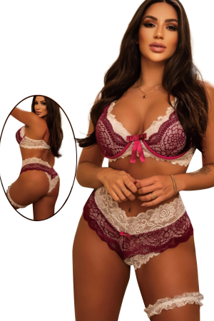 Lenjerie erotică - Set lenjerie sexy cu dantela, sutien, chiloti brazilieni si accesoriu TY-LX133visiniu
