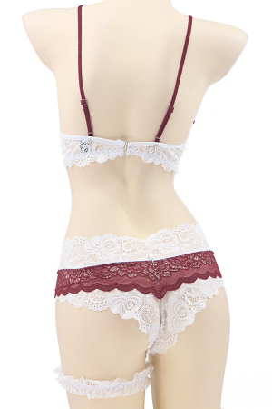 Lenjerie erotică - Set lenjerie sexy cu dantela, sutien, chiloti brazilieni si accesoriu TY-LX133visiniu
