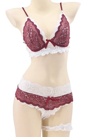 Lenjerie erotică - Set lenjerie sexy cu dantela, sutien, chiloti brazilieni si accesoriu TY-LX133visiniu