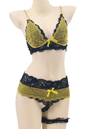 Lenjerie erotică - Set lenjerie sexy cu dantela, sutien, chiloti brazilieni si accesoriu TY-LX133galben