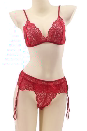 Lenjerie erotică - Set lenjerie sexy cu dantela, sutien, portjartier si chiloti tanga TY-LX61rosu