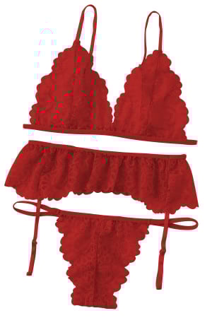 Lenjerie erotică - Set lenjerie sexy cu dantela, sutien, portjartier si chiloti tanga TY-LX61rosu