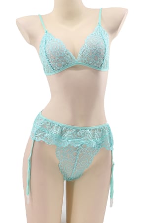 Lenjerie erotică - Set lenjerie sexy cu dantela, sutien, portjartier si chiloti tanga TY-LX61verde