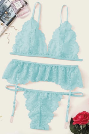 Lenjerie erotică - Set lenjerie sexy cu dantela, sutien, portjartier si chiloti tanga TY-LX61verde