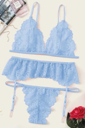 Lenjerie erotică - Set lenjerie sexy cu dantela, sutien, portjartier si chiloti tanga TY-LX61albastru