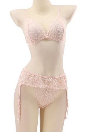Lenjerie erotică - Set lenjerie sexy cu dantela, sutien, portjartier si chiloti tanga TY-LX61roz deschis