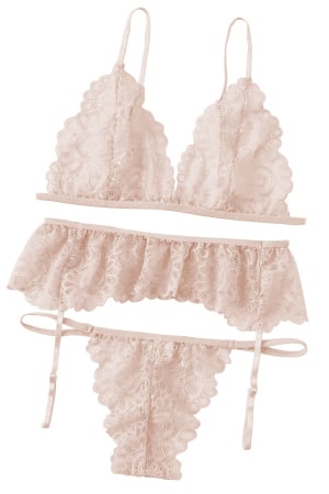 Lenjerie erotică - Set lenjerie sexy cu dantela, sutien, portjartier si chiloti tanga TY-LX61roz deschis