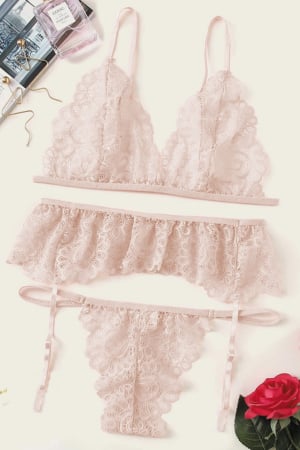 Lenjerie erotică - Set lenjerie sexy cu dantela, sutien, portjartier si chiloti tanga TY-LX61roz deschis