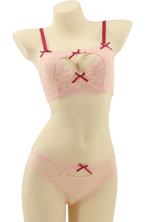 Lenjerie erotică - Set lenjerie sexy cu dantela, sutien si chiloti clasici MG-Q5675roz