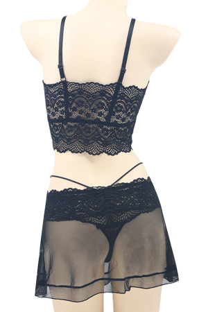 Lenjerie erotică - Set lenjerie sexy cu dantela, top, fustita si chiloti tanga TY-LX130negru