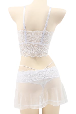 Lenjerie erotică - Set lenjerie sexy cu dantela, top, fustita si chiloti tanga TY-LX130alb