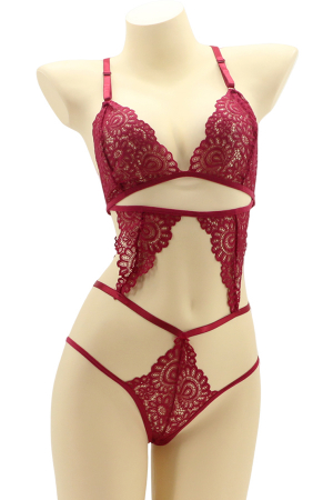 Lenjerie erotică - Set lenjerie sexy cu dantela, top si chiloti brazilieni MG-4225-1visiniu