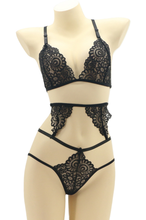 Lenjerie erotică - Set lenjerie sexy cu dantela, top si chiloti brazilieni MG-4225-1negru