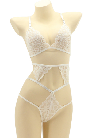 Lenjerie erotică - Set lenjerie sexy cu dantela, top si chiloti brazilieni MG-4225-1alb