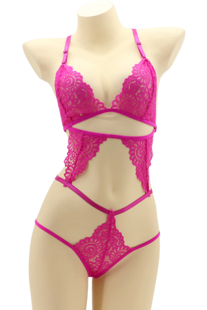 Lenjerie erotică - Set lenjerie sexy cu dantela, top si chiloti brazilieni MG-4225-1fucsia