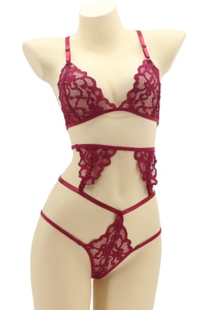 Lenjerie erotică - Set lenjerie sexy cu dantela, top si chiloti brazilieni MG-4225-2visiniu