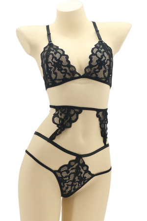 Lenjerie erotică - Set lenjerie sexy cu dantela, top si chiloti brazilieni MG-4225-2negru