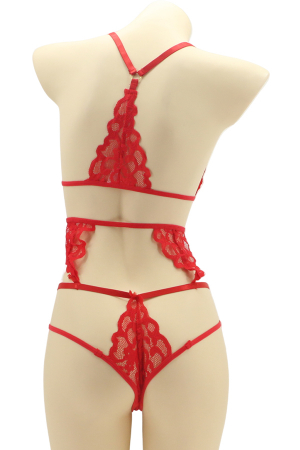 Lenjerie erotică - Set lenjerie sexy cu dantela, top si chiloti brazilieni MG-4225-2rosu