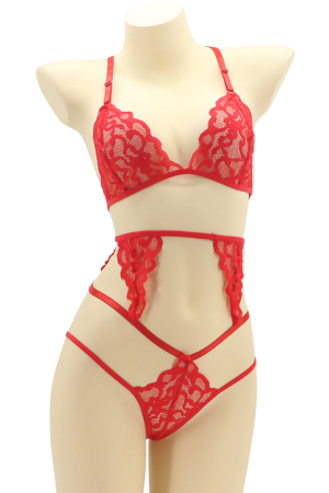 Lenjerie erotică - Set lenjerie sexy cu dantela, top si chiloti brazilieni MG-4225-2rosu