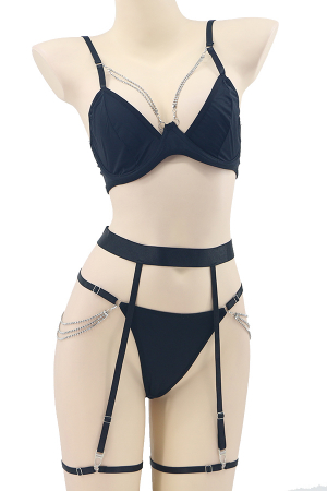 Lenjerie erotică - Set lenjerie sexy, sutien, chiloti tanga si portjartier cu jartiere detasabile TY-LX162negru