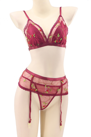 Lenjerie erotică - Set lenjerie sexy cu motiv floral, sutien, chiloti tanga si portjartiera TY-LX62visiniu