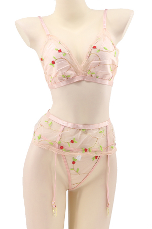 Lenjerie erotică - Set lenjerie sexy cu motiv floral, sutien, chiloti tanga si portjartiera TY-LX62roz