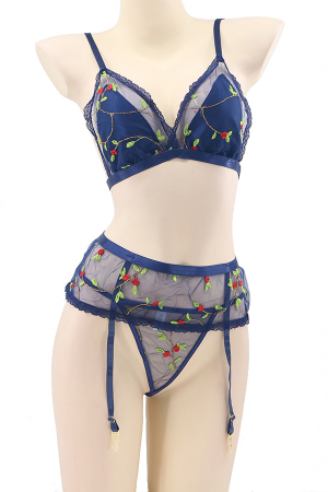 Lenjerie erotică - Set lenjerie sexy cu motiv floral, sutien, chiloti tanga si portjartiera TY-LX62bleumarin