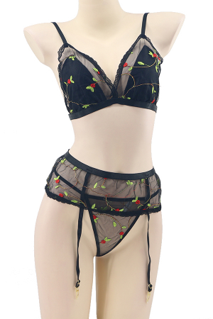 Lenjerie erotică - Set lenjerie sexy cu motiv floral, sutien, chiloti tanga si portjartiera TY-LX62negru
