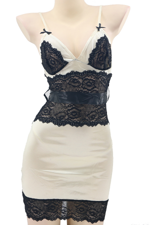 Damă - Set lenjerie sexy, rochita cu dantela, cordon si chiloti tanga TY-1739crem