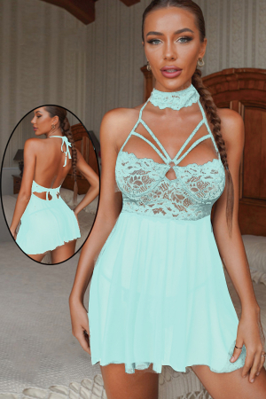 Lenjerie erotică - Set lenjerie sexy, rochita transparenta cu dantela si chiloti tanga TY-S553turcoaz
