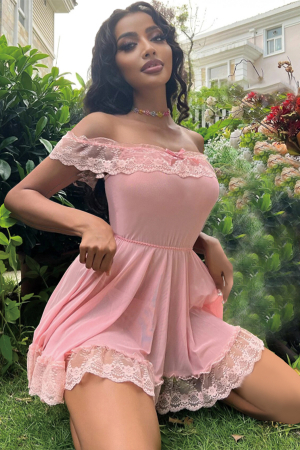 Lenjerie erotică - Set lenjerie sexy, rochita cu insertii dantela si chiloti tanga TY-S713roz