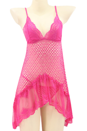 Lenjerie erotică - Set lenjerie sexy, rochita senzuala cu dantela si chiloti tanga TY-DJ22fucsia