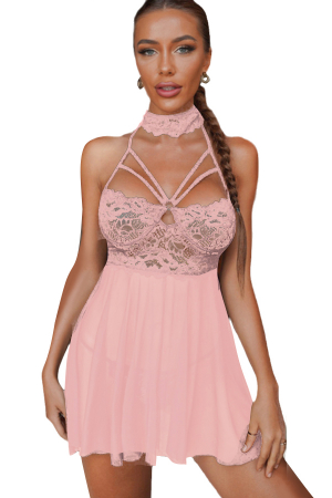 Lenjerie erotică - Set lenjerie sexy, rochita transparenta cu dantela si chiloti tanga TY-S553roz inchis