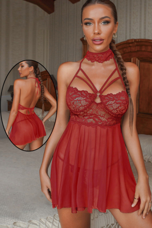 Lenjerie erotică - Set lenjerie sexy, rochita transparenta cu dantela si chiloti tanga TY-S553visiniu
