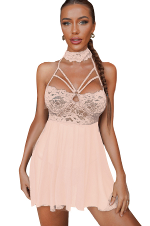 Damă - Set lenjerie sexy, rochita transparenta cu dantela si chiloti tanga TY-S553roz deschis
