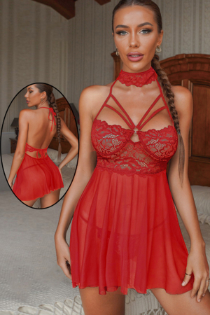 Lenjerie erotică - Set lenjerie sexy, rochita transparenta cu dantela si chiloti tanga TY-S553rosu