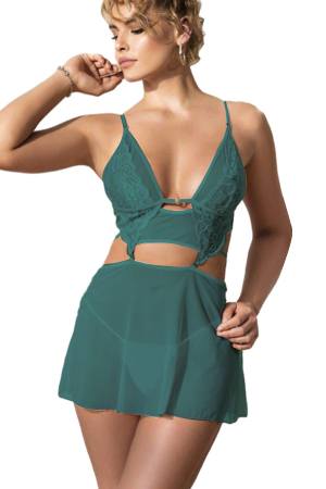 Lenjerie erotică - Set lenjerie sexy, rochita transparenta cu dantela si chiloti tanga TY-S566verde