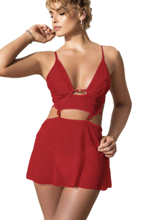Lenjerie erotică - Set lenjerie sexy, rochita transparenta cu dantela si chiloti tanga TY-S566rosu