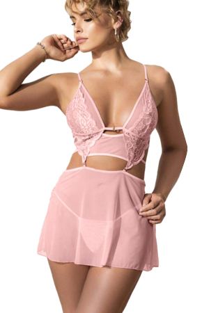 Lenjerie erotică - Set lenjerie sexy, rochita transparenta cu dantela si chiloti tanga TY-S566roz inchis