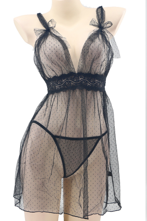 Lenjerie erotică - Set lenjerie sexy, rochita transparenta cu insertii dantela si chiloti tanga TY-S649negru