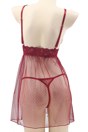 Damă - Set lenjerie sexy, rochita transparenta cu insertii dantela si chiloti tanga TY-S649visiniu