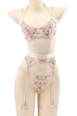 Lenjerie erotică - Set lenjerie sexy, sutien, chiloti tanga si portjartier cu jartiere detasabile TY-LX151crem