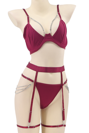 Lenjerie erotică - Set lenjerie sexy, sutien, chiloti tanga si portjartier cu jartiere detasabile TY-LX162visiniu