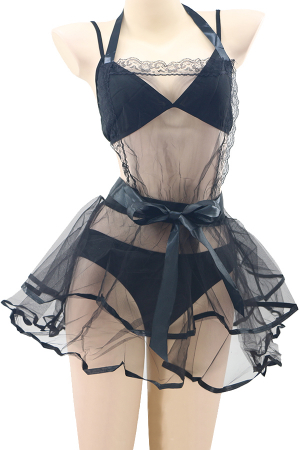 Lenjerie erotică - Set lenjerie sexy, sutien, rochita transparenta, cordon si chiloti clasici TY-S643negru