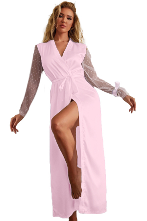 Halate - Set lenjerie sexy tip pijama, halat din satin, cordon, chiloti tanga si panglica maini TY-691roz