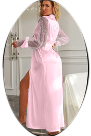 Halate - Set lenjerie sexy tip pijama, halat din satin, cordon, chiloti tanga si panglica maini TY-691roz