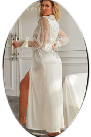 Halate - Set lenjerie sexy tip pijama, halat din satin, cordon, chiloti tanga si panglica maini TY-691alb