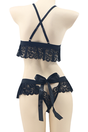 Lenjerie erotică - Set lenjerie sexy cu dantela, top si chiloti tanga tip fustita TY-LX118negru